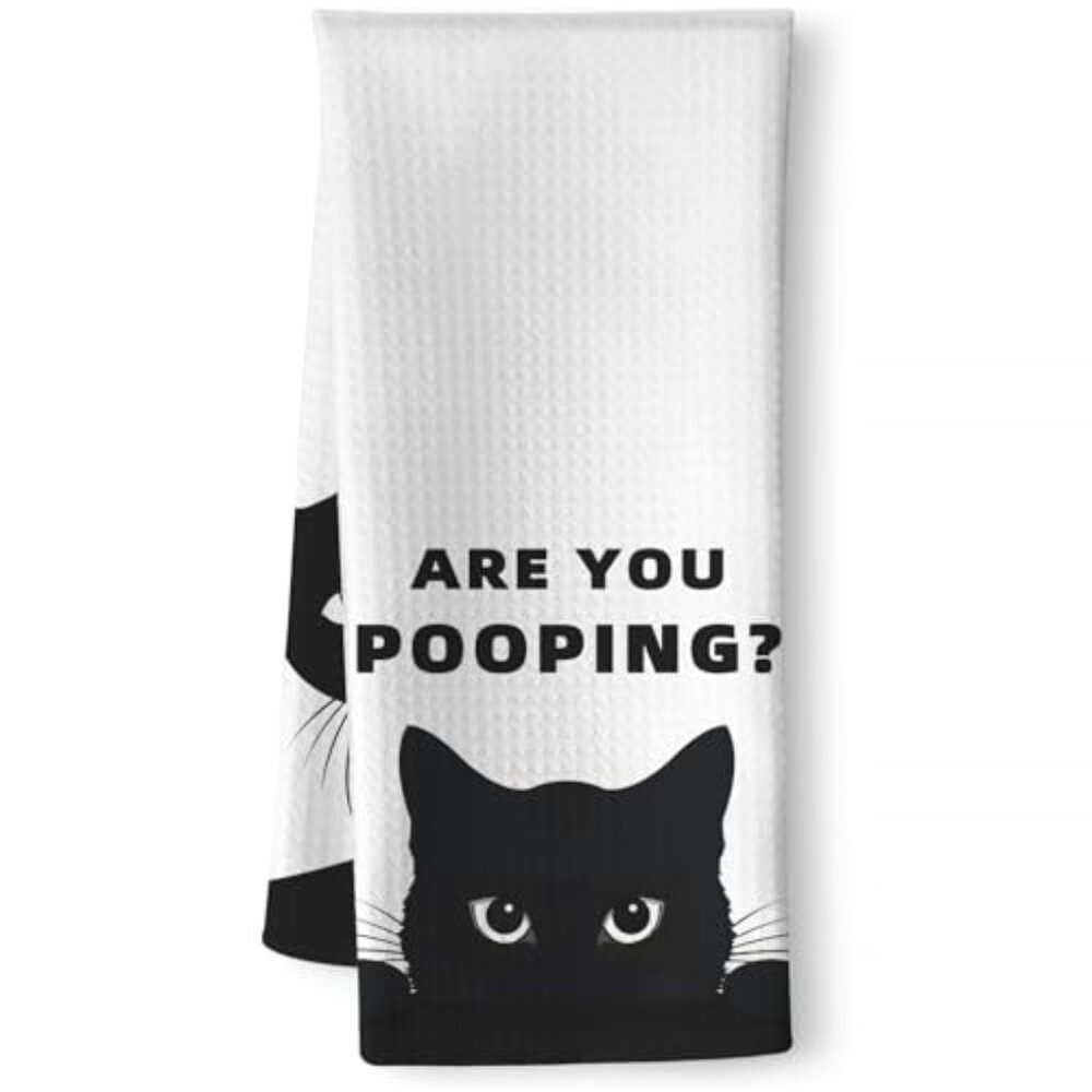 Drying Humorous Bathroom Hand Towel with Playful Black Cat Design